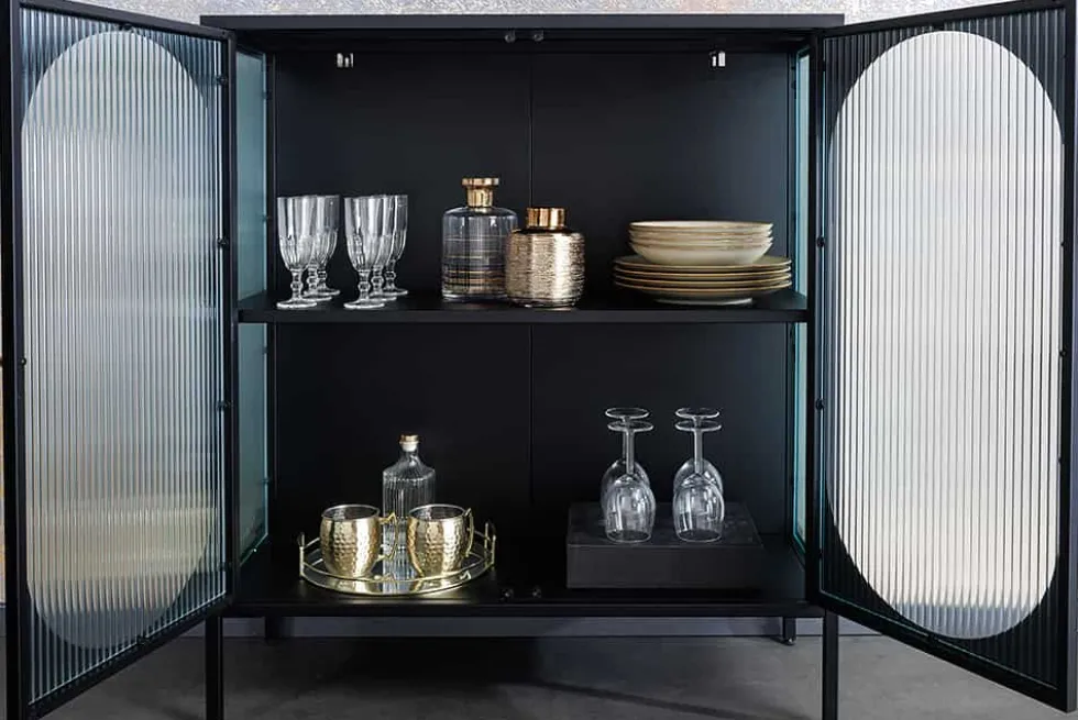 Moderne Vitrine PARIS 110cm schwarz gold Riffelglas Metall Sideboard Schrank