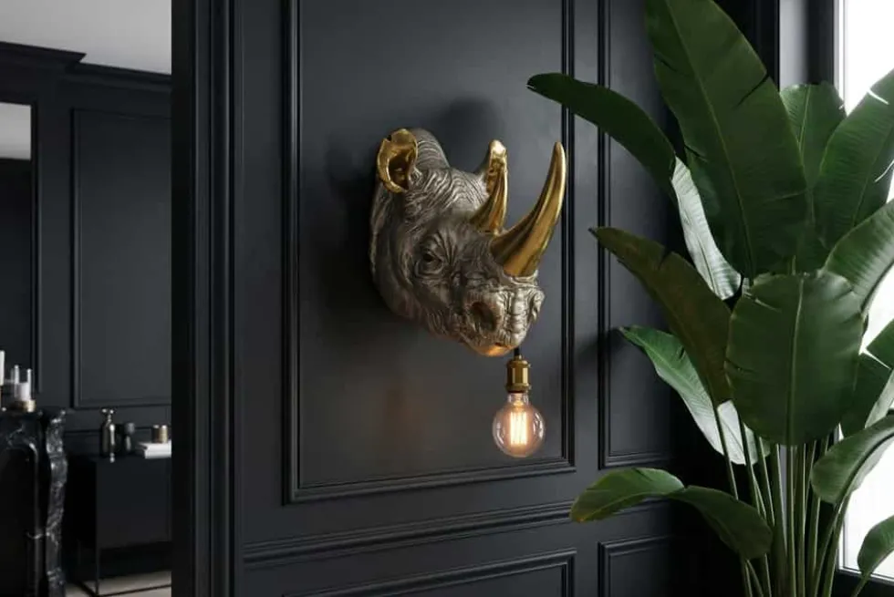 Moderne Wandlampe RHINO 40cm gold Nashorn-Skulptur handmade