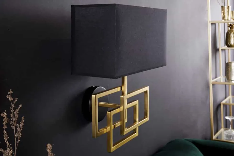 Moderne Wandleuchte ATLANTIS 44cm gold Stoffschirm schwarz Lampe