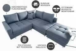Moderne Wohnlandschaft KENT 220cm anthrazit Ecksofa Federkern inkl. Hocker und Kissen