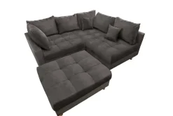 Moderne Wohnlandschaft KENT 220cm grau Samt Ecksofa Federkern inkl. Hocker und Kissen