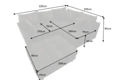 Moderne Wohnlandschaft KENT 220cm grau Samt Ecksofa Federkern inkl. Hocker und Kissen