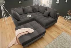 Moderne Wohnlandschaft KENT 220cm grau Samt Ecksofa Federkern inkl. Hocker und Kissen