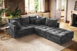 Moderne Wohnlandschaft KENT 220cm grau Samt Ecksofa Federkern inkl. Hocker und Kissen