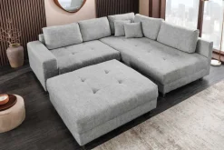 Moderne Wohnlandschaft KENT 220cm grau Strickstoff Ecksofa inkl. Hocker und Kissen