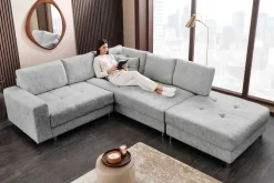 Moderne Wohnlandschaft KENT 220cm grau Strickstoff Ecksofa inkl. Hocker und Kissen