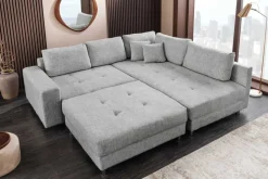 Moderne Wohnlandschaft KENT 220cm grau Strickstoff Ecksofa inkl. Hocker und Kissen