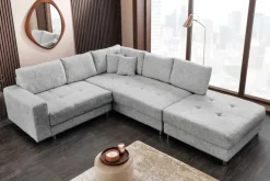 Moderne Wohnlandschaft KENT 220cm grau Strickstoff Ecksofa inkl. Hocker und Kissen