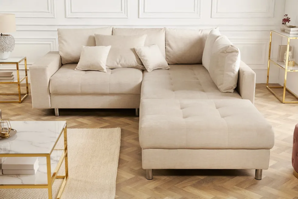 Moderne Wohnlandschaft KENT 220cm champagner beige Vogue Velours Samt Federkern mit Hocker