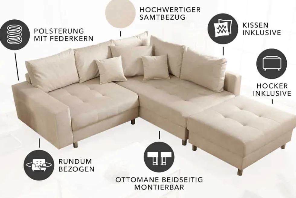 Moderne Wohnlandschaft KENT 220cm champagner beige Vogue Velours Samt Federkern mit Hocker