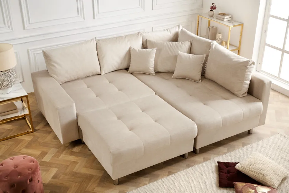 Moderne Wohnlandschaft KENT 220cm champagner beige Vogue Velours Samt Federkern mit Hocker