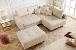 Moderne Wohnlandschaft KENT 220cm champagner beige Vogue Velours Samt Federkern mit Hocker
