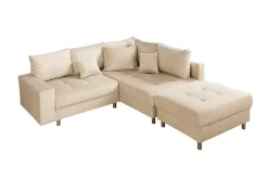 Moderne Wohnlandschaft KENT 220cm champagner beige Vogue Velours Samt Federkern mit Hocker