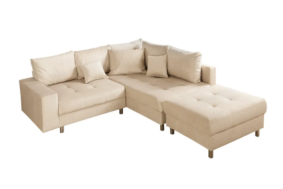 Moderne Wohnlandschaft KENT 220cm champagner beige Vogue Velours Samt Federkern mit Hocker