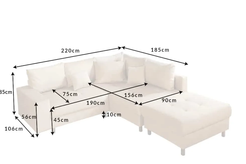 Moderne Wohnlandschaft KENT 220cm champagner beige Vogue Velours Samt Federkern mit Hocker