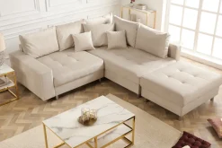 Moderne Wohnlandschaft KENT 220cm champagner beige Vogue Velours Samt Federkern mit Hocker