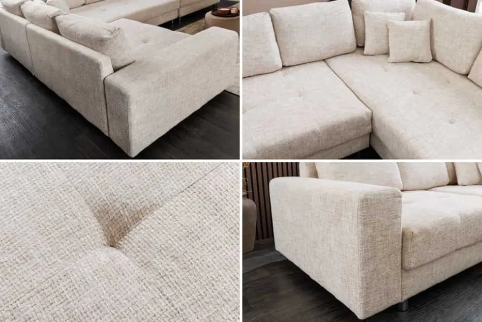 Moderne Wohnlandschaft KENT 220cm champagner beige Strickstoff Ecksofa inkl. Hocker