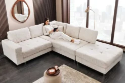 Moderne Wohnlandschaft KENT 220cm champagner beige Strickstoff Ecksofa inkl. Hocker