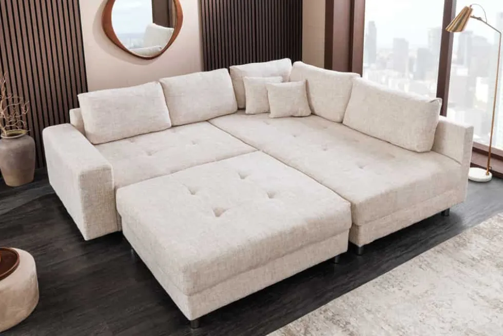 Moderne Wohnlandschaft KENT 220cm champagner beige Strickstoff Ecksofa inkl. Hocker