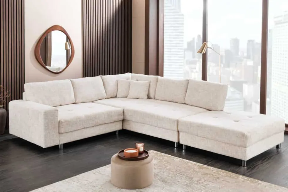 Moderne Wohnlandschaft KENT 220cm champagner beige Strickstoff Ecksofa inkl. Hocker