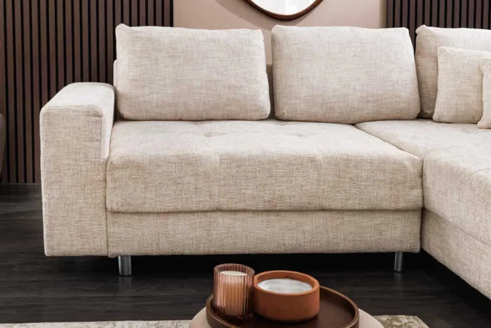 Moderne Wohnlandschaft KENT 220cm champagner beige Strickstoff Ecksofa inkl. Hocker
