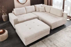 Moderne Wohnlandschaft KENT 220cm champagner beige Strickstoff Ecksofa inkl. Hocker