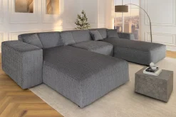 Moderne XXL Wohnlandschaft SIGNATUR 370cm grau Chenille Cremona U-Form Sofa inkl. Kissen