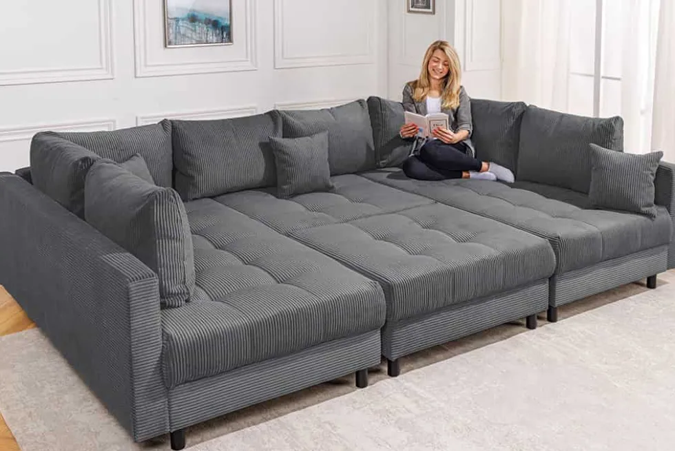 Moderne XXL Wohnlandschaft KENT 305cm anthrazit Cord Bigsofa inkl. Hocker Federkern