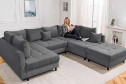 Moderne XXL Wohnlandschaft KENT 305cm anthrazit Cord Bigsofa inkl. Hocker Federkern