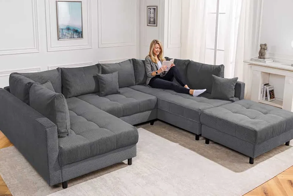 Moderne XXL Wohnlandschaft KENT 305cm anthrazit Cord Bigsofa inkl. Hocker Federkern