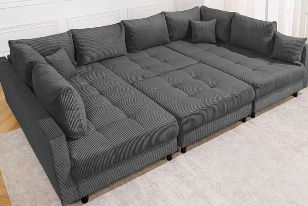 Moderne XXL Wohnlandschaft KENT 305cm anthrazit Cord Bigsofa inkl. Hocker Federkern