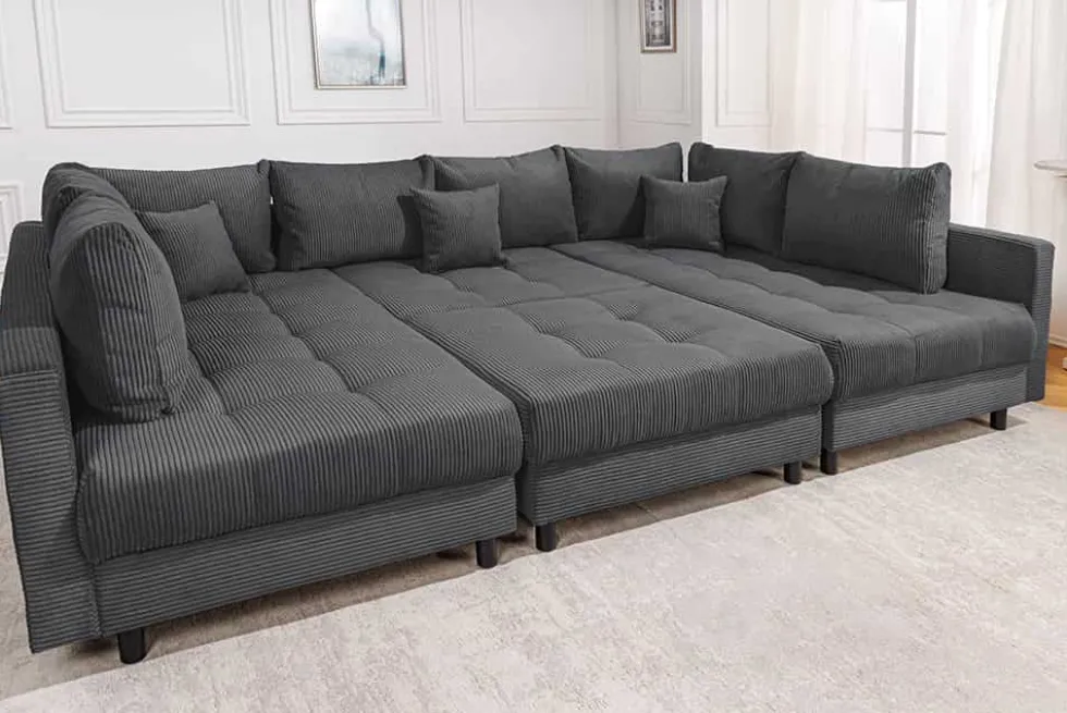 Moderne XXL Wohnlandschaft KENT 305cm anthrazit Cord Bigsofa inkl. Hocker Federkern