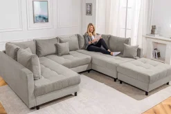 Moderne XXL Wohnlandschaft KENT 305cm greige Cord Bigsofa inkl. Hocker Federkern