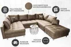 Moderne XXL Wohnlandschaft KENT 305cm taupe Federkern Bigsofa inkl. Hocker