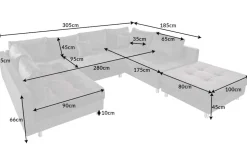 Moderne XXL Wohnlandschaft KENT 305cm grau Samt Bigsofa inkl. Hocker Federkern