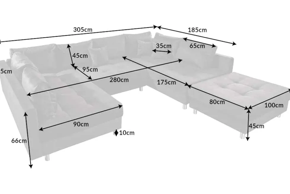 Moderne XXL Wohnlandschaft KENT 305cm grau Samt Bigsofa inkl. Hocker Federkern