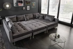 Moderne XXL Wohnlandschaft KENT 305cm grau Samt Bigsofa inkl. Hocker Federkern