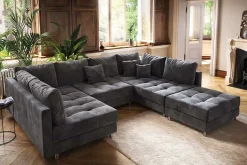 Moderne XXL Wohnlandschaft KENT 305cm grau Samt Bigsofa inkl. Hocker Federkern