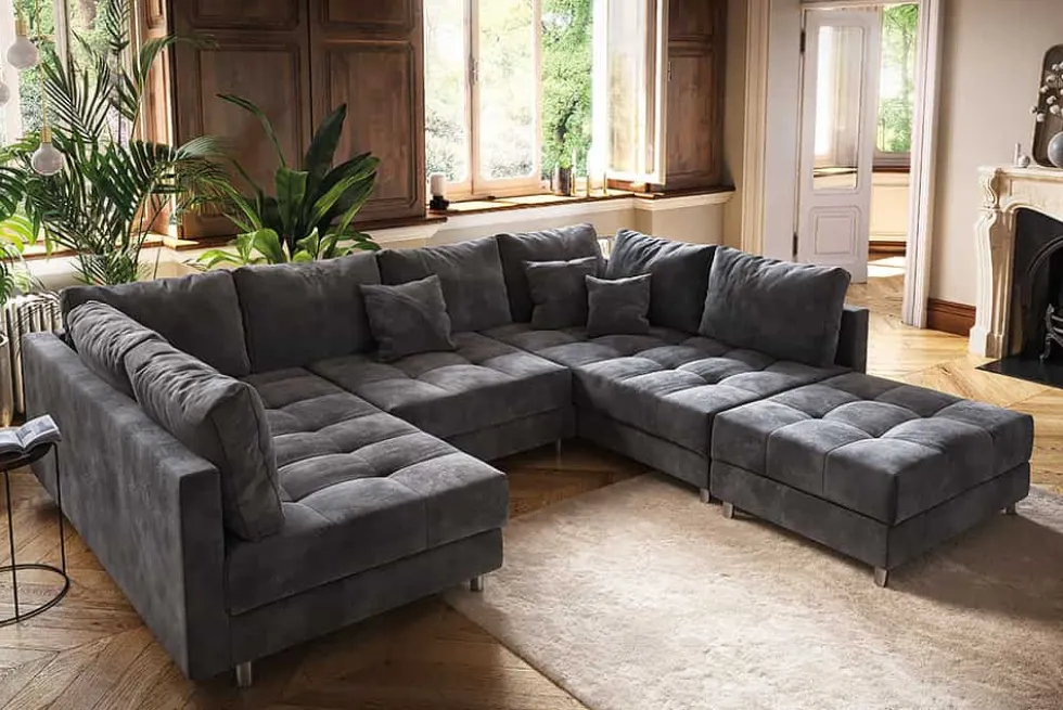 Moderne XXL Wohnlandschaft KENT 305cm grau Samt Bigsofa inkl. Hocker Federkern