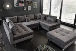 Moderne XXL Wohnlandschaft KENT 305cm grau Samt Bigsofa inkl. Hocker Federkern