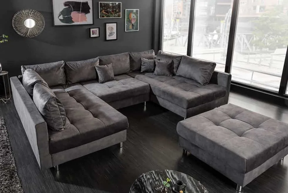 Moderne XXL Wohnlandschaft KENT 305cm grau Samt Bigsofa inkl. Hocker Federkern