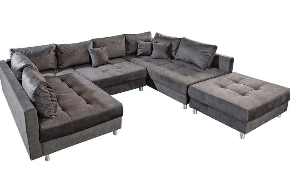 Moderne XXL Wohnlandschaft KENT 305cm grau Samt Bigsofa inkl. Hocker Federkern
