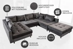 Moderne XXL Wohnlandschaft KENT 305cm grau Samt Bigsofa inkl. Hocker Federkern