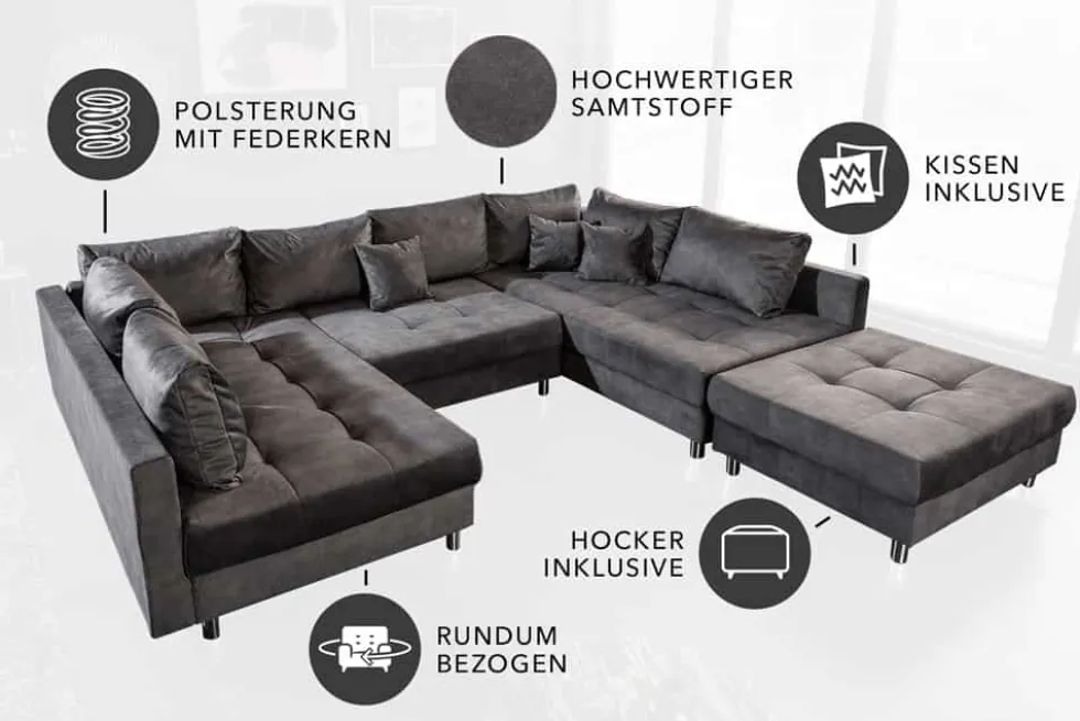 Moderne XXL Wohnlandschaft KENT 305cm grau Samt Bigsofa inkl. Hocker Federkern