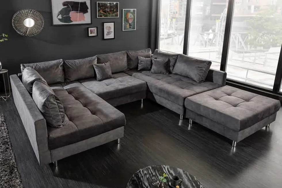 Moderne XXL Wohnlandschaft KENT 305cm grau Samt Bigsofa inkl. Hocker Federkern