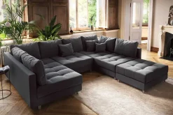 Moderne XXL Wohnlandschaft KENT 305cm anthrazit Federkern Bigsofa inkl. Hocker