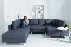 Moderne XXL Wohnlandschaft KENT 305cm anthrazit Federkern Bigsofa inkl. Hocker