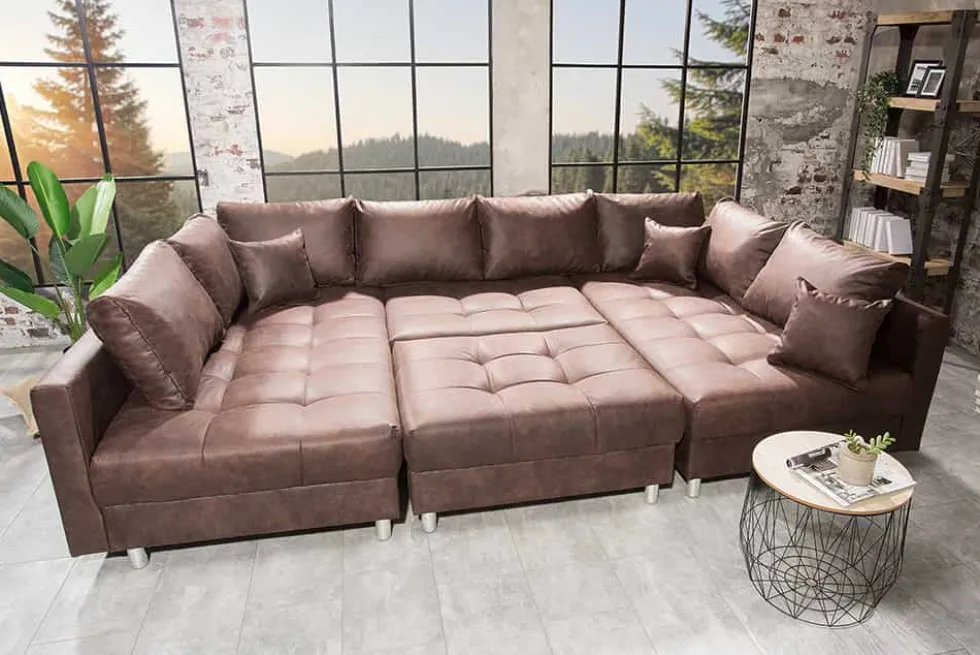 Moderne XXL Wohnlandschaft KENT 305cm antik braun Federkern Bigsofa inkl. Hocker