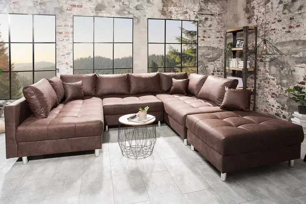 Moderne XXL Wohnlandschaft KENT 305cm antik braun Federkern Bigsofa inkl. Hocker