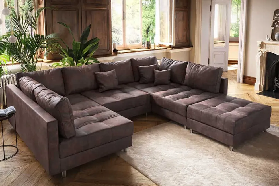 Moderne XXL Wohnlandschaft KENT 305cm antik braun Federkern Bigsofa inkl. Hocker